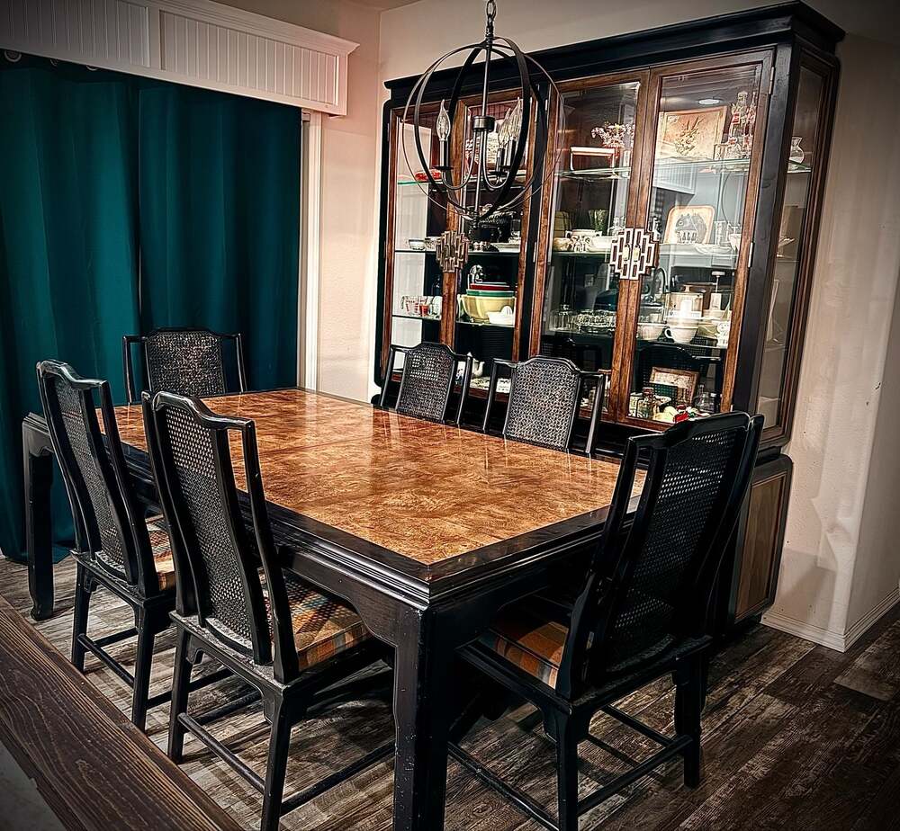 Century Furniture Chinoiserie Burl Wood Dining Set with China Cabinet